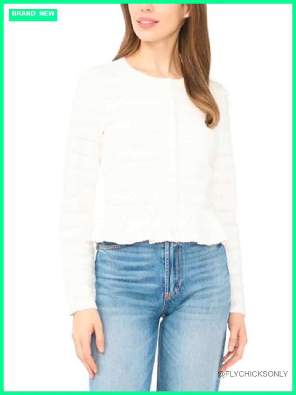 Pointelle Knit Long Sleeve Cardigan Ruffle Hem Crew Neck Sweater